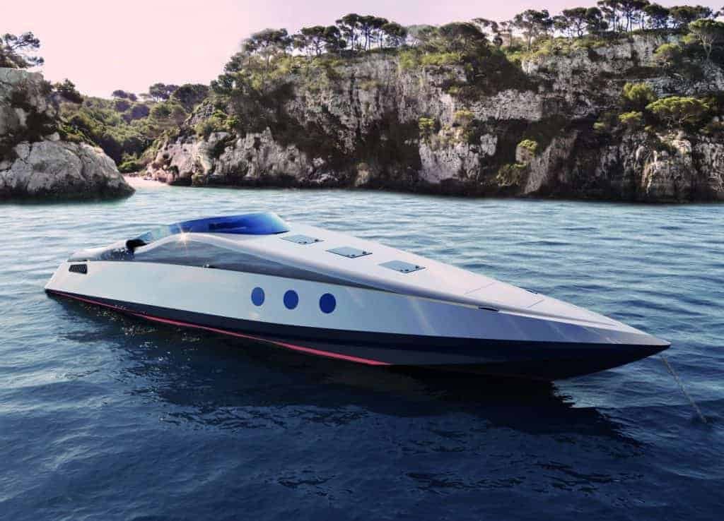 A bespoke blue and white yacht is floating in the water.