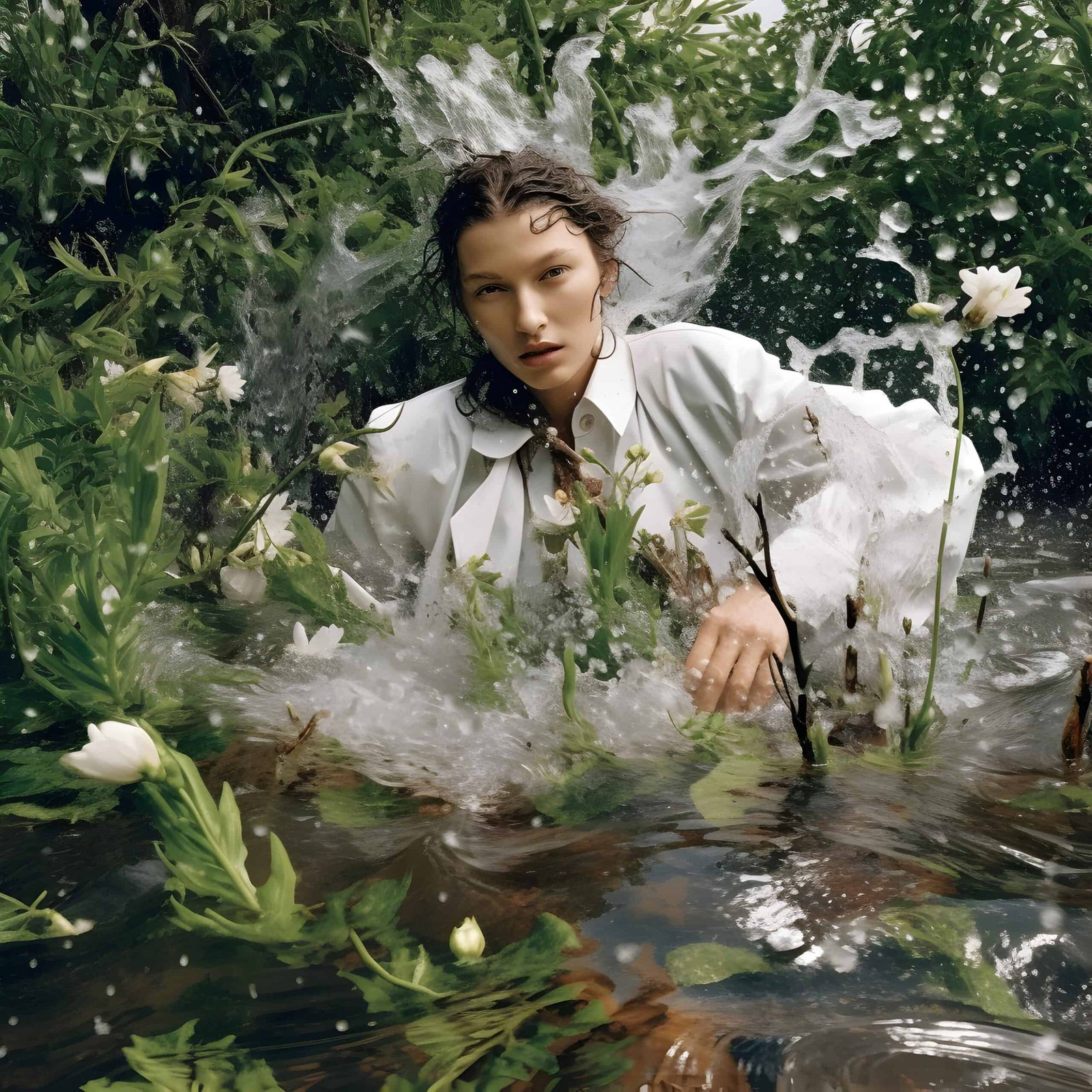 A fashion-forward woman in a white shirt is in the water with flowers.