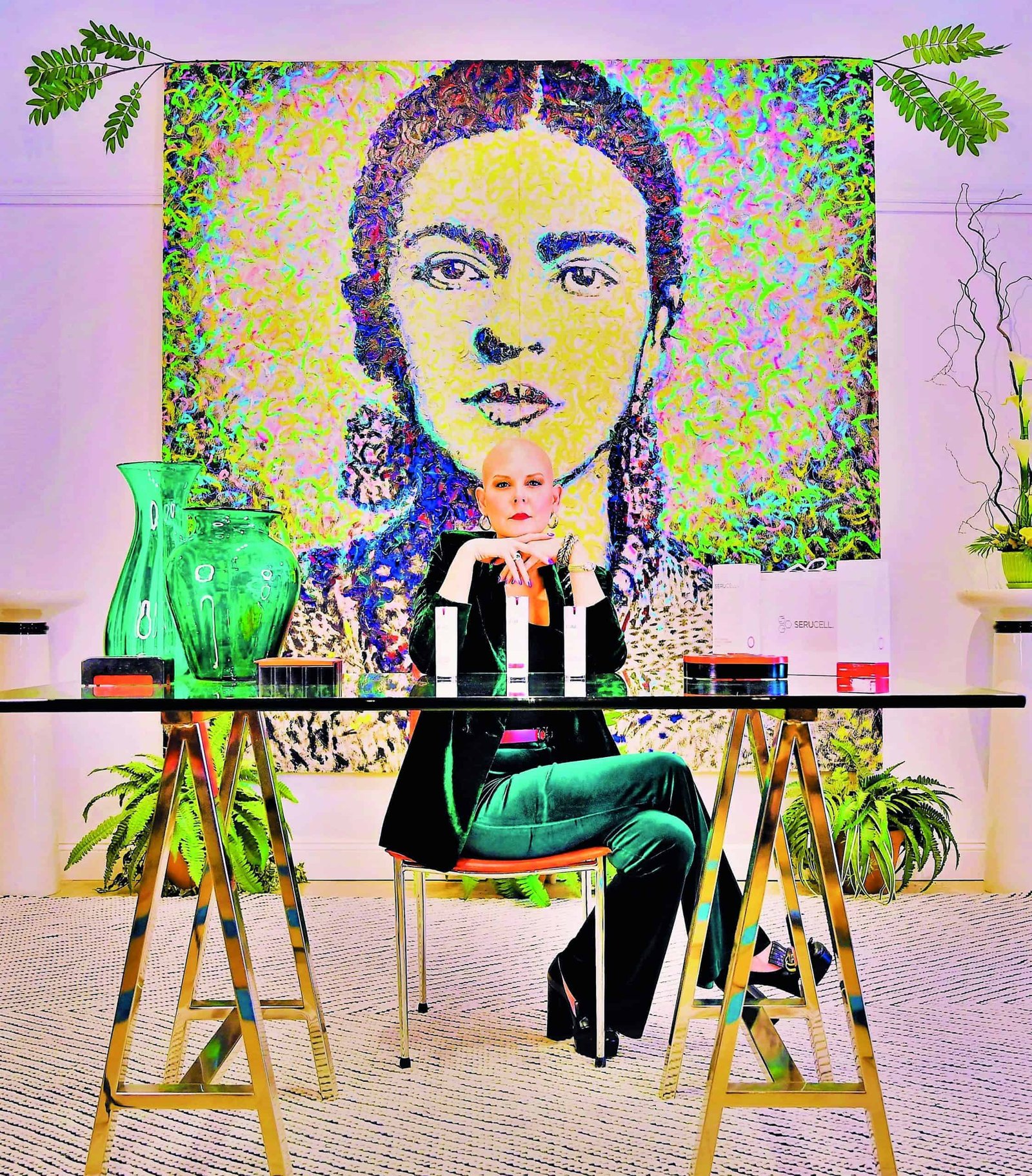 A woman sitting at a level table in front of a cellular painting.