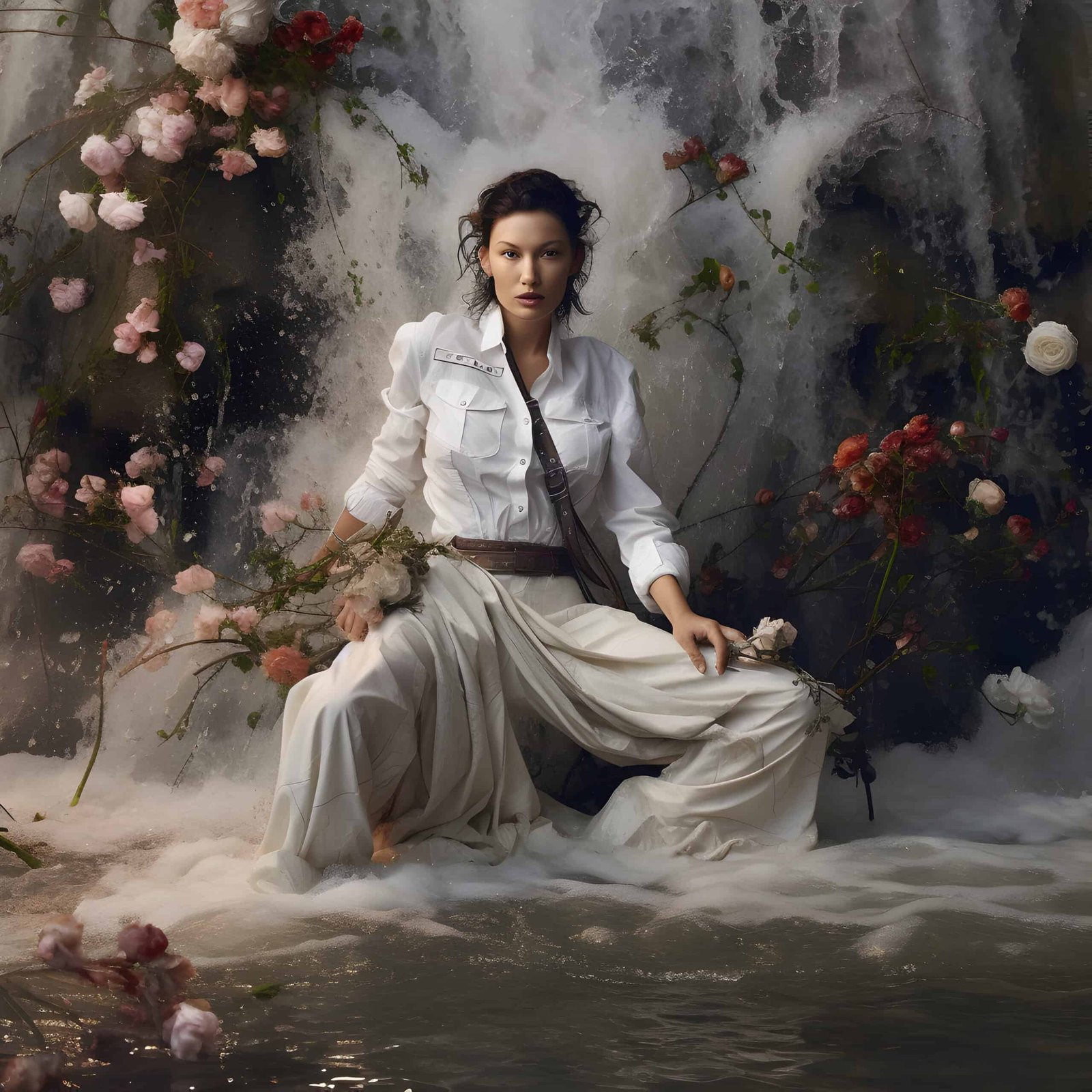 A woman sitting in front of a waterfall surrounded by vibrant flowers, showcasing a mesmerizing fusion of future fashion.