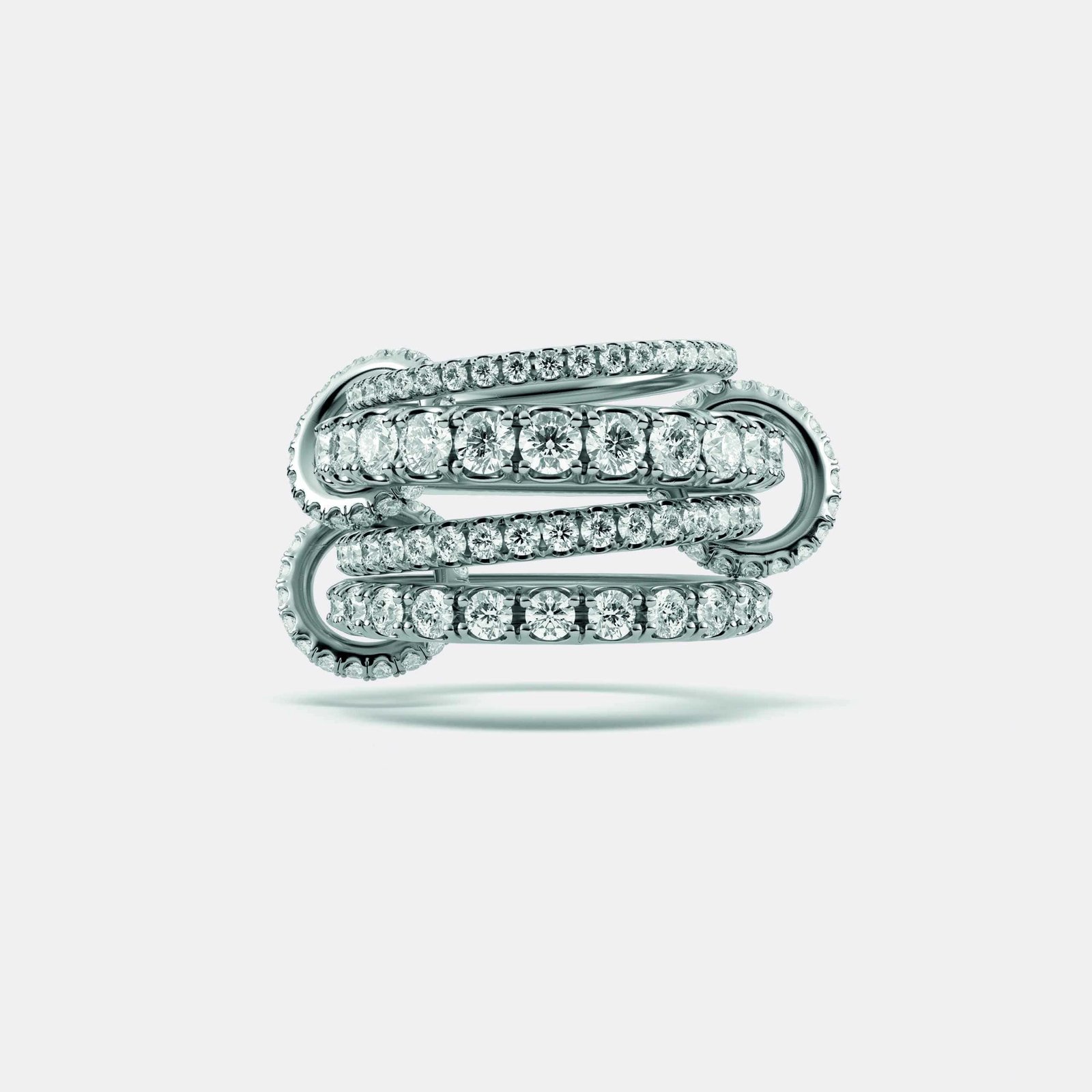 A desire-worthy white gold ring featuring three rows of stunning diamonds.