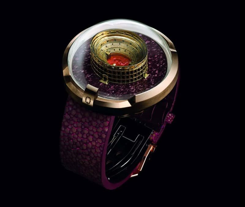 A stunning purple and gold watch intricately designed with a built-in compass, perfect for capturing life's precious moments.