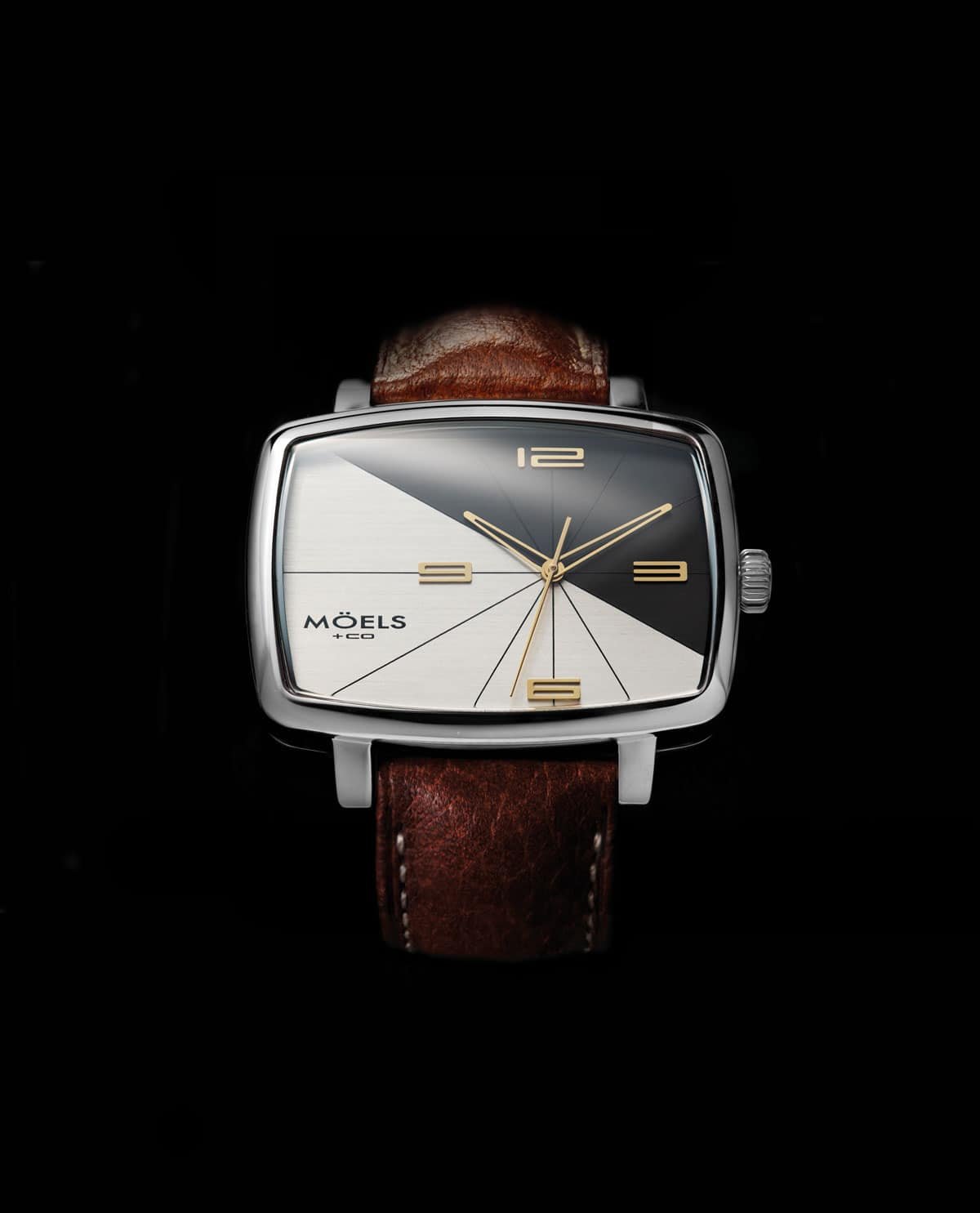A precision made watch with a brown leather strap on a black background.