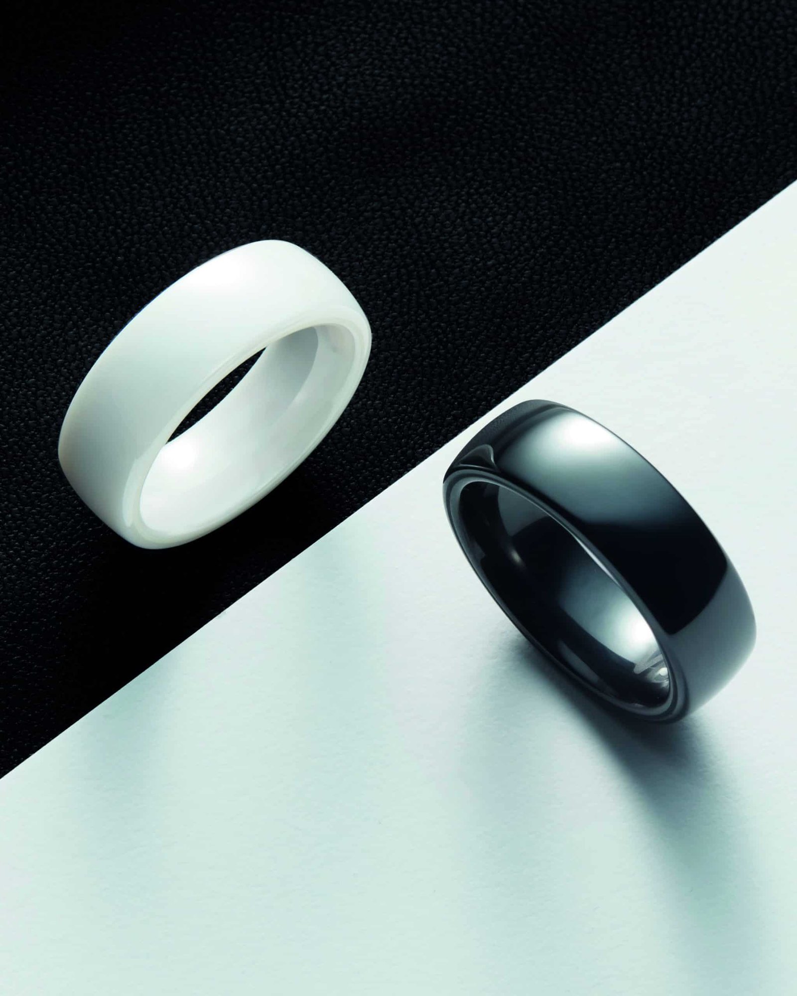 A ringing black and white ring on a surface.