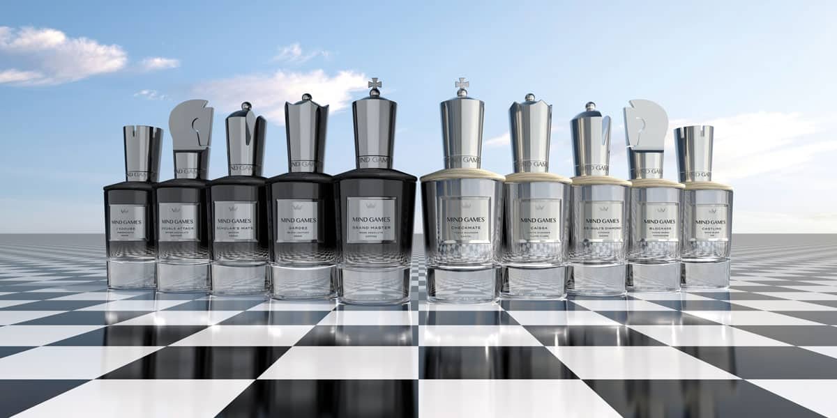 A group of bottles making right moves on a checkered floor.