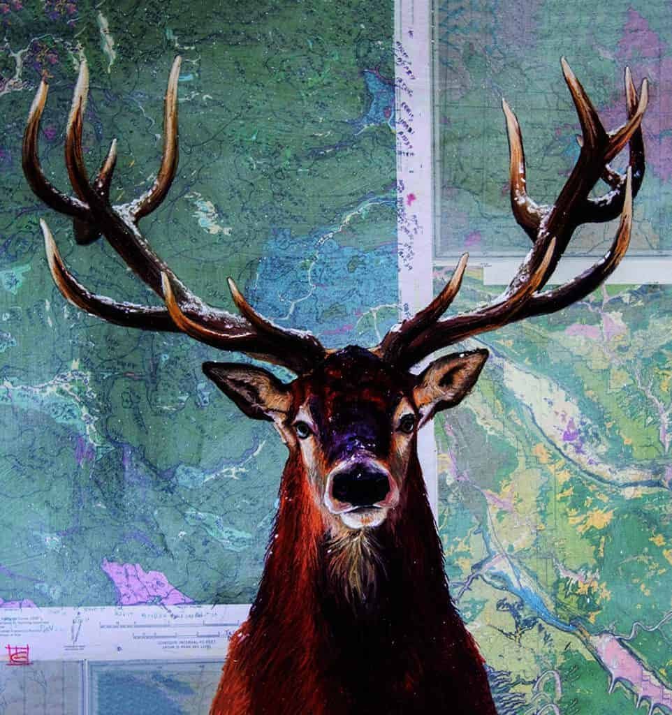 A wild painting of a deer standing in front of a map.